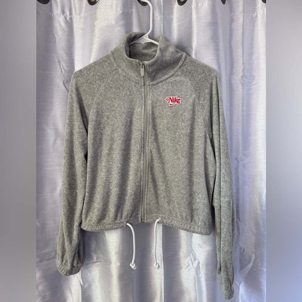 Nike Retro Gray Terry Cloth Zip Up Cropped Jacket Athleisure Cozy Core